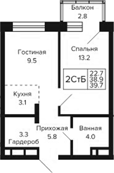 Планировка 2е-к.кв 38.86 м² в ЖК «Цитатум»