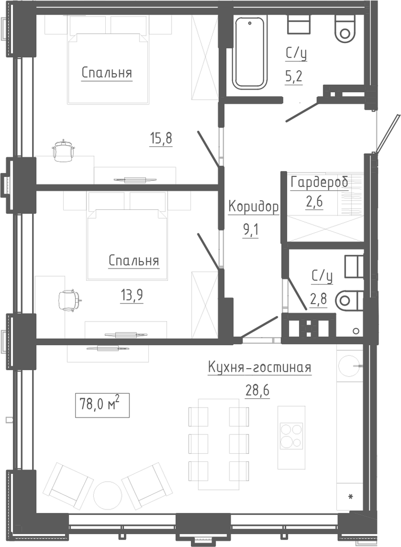 Планировка 3е-к.кв 78.00 м² в ЖК «Клубный комплекс Маяковский»