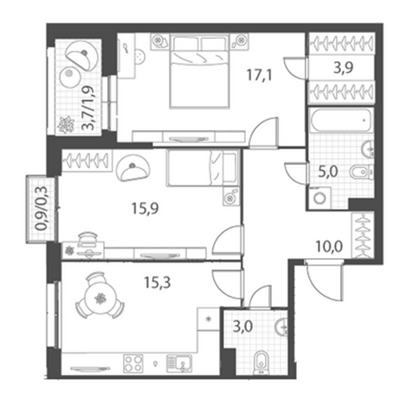 Планировка 2-к.кв 70.20 м² в ЖК «Счастье в Кольцово»