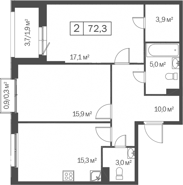 Планировка 2-к.кв 70.20 м² в ЖК «Счастье в Кольцово»