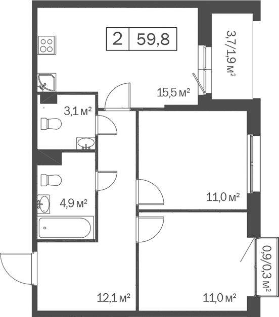 Планировка 2-к.кв 57.60 м² в ЖК «Счастье в Кольцово»