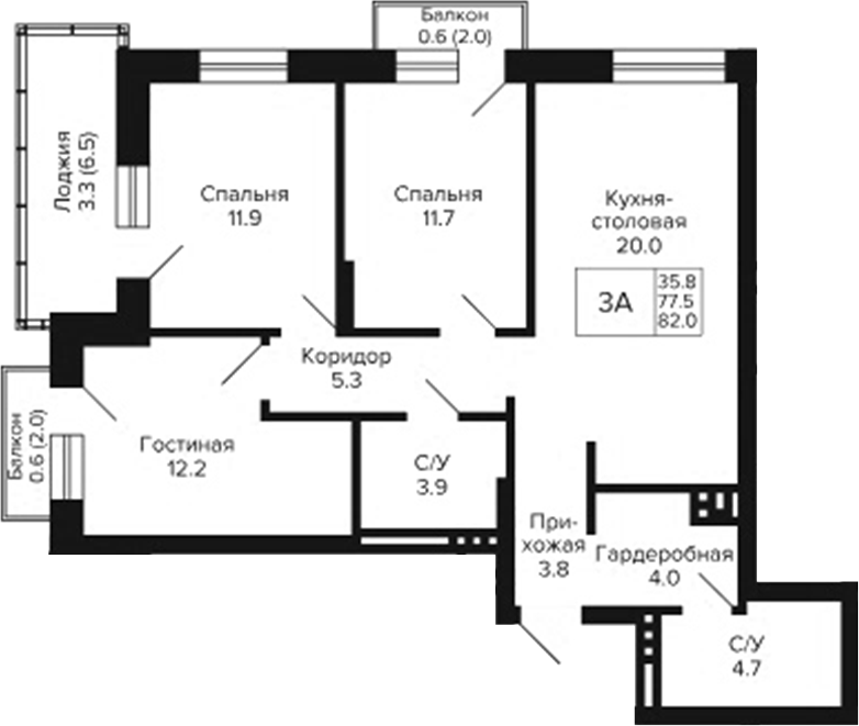 Планировка 3-к.кв 77.50 м² в ЖК «Сподвижники»
