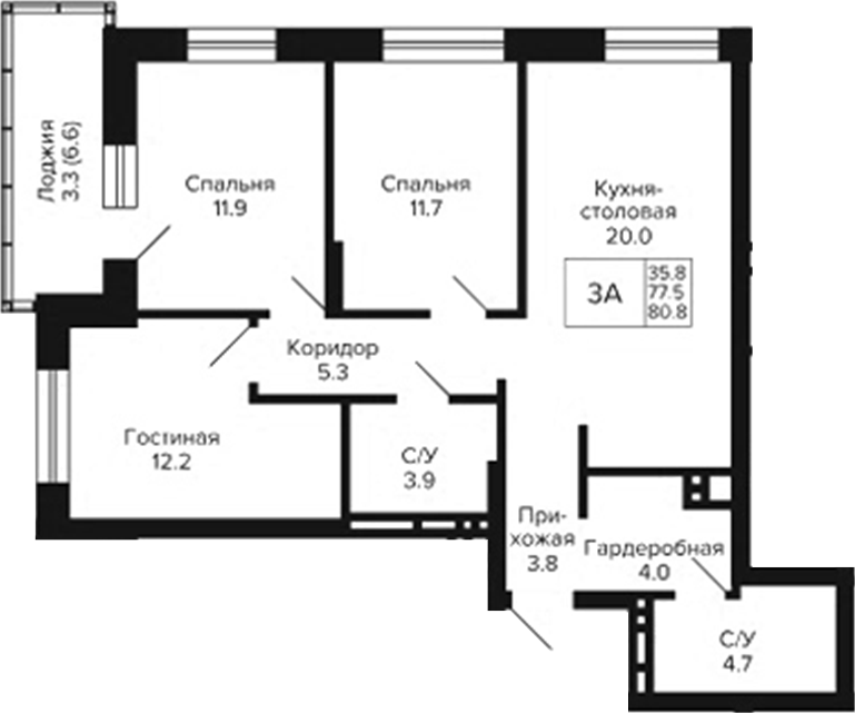Планировка 3-к.кв 77.50 м² в ЖК «Сподвижники»