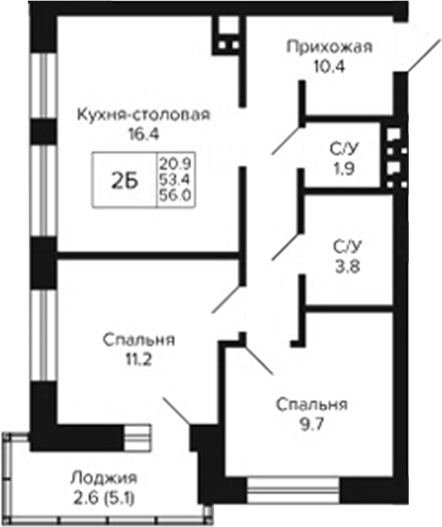 Планировка 2-к.кв 53.40 м² в ЖК «Сподвижники»