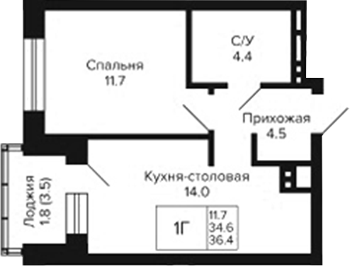 Планировка 1-к.кв 34.60 м² в ЖК «Сподвижники»