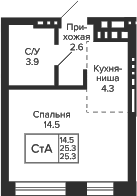 Планировка студии 25.30 м² в ЖК «Сподвижники»
