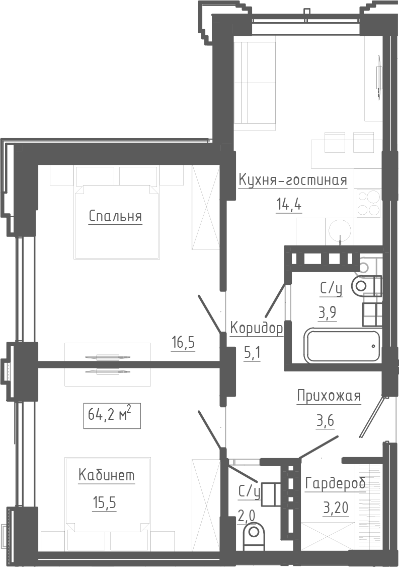 Планировка 3е-к.кв 64.20 м² в ЖК «Клубный комплекс Маяковский»