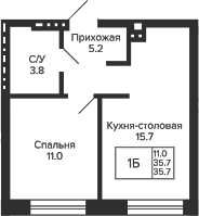 Планировка 1-к.кв 35.70 м² в ЖК «Сподвижники»
