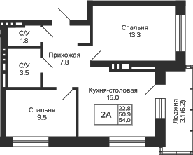 Планировка 2-к.кв 50.90 м² в ЖК «Сподвижники»