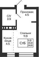 Планировка студии 24.80 м² в ЖК «Сподвижники»