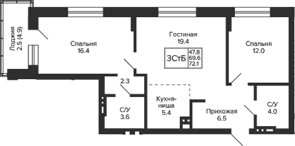Планировка 3е-к.кв 69.60 м² в ЖК «Сподвижники»