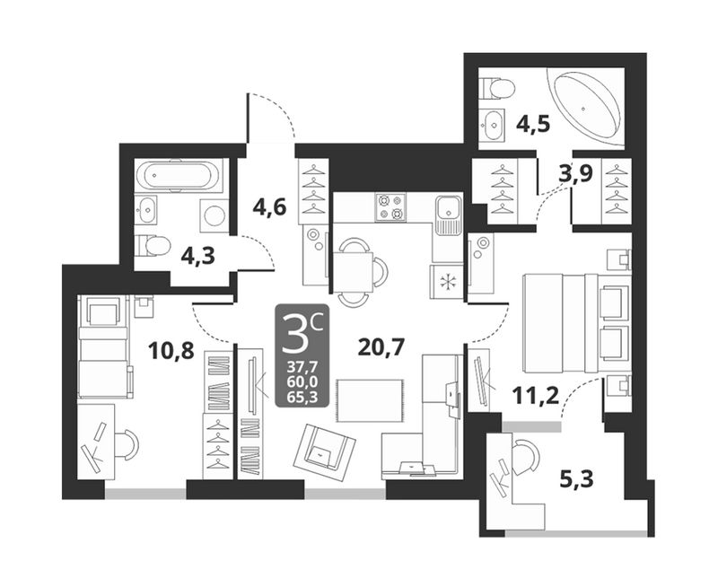 Планировка 3е-к.кв 60.00 м² в ЖК «Тайгинский парк»