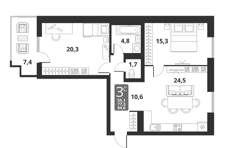 Планировка 3е-к.кв 77.20 м² в ЖК «Тайгинский парк»