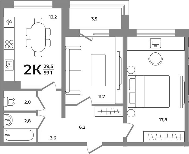 Планировка 2-к. квартира 57.25 м² в ЖК «Сергиев Пассаж на Беловежской»