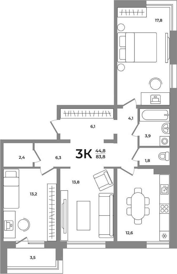 Планировка 3-к. квартира 81.25 м² в ЖК «Сергиев Пассаж на Беловежской»