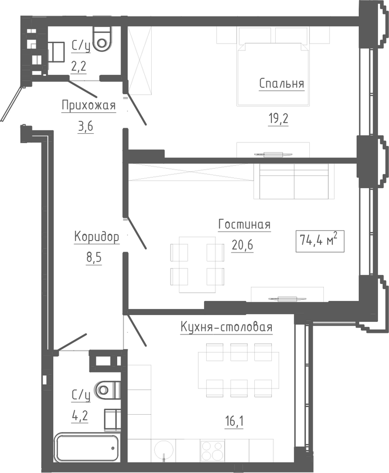 Планировка 3е-к.кв 74.40 м² в ЖК «Клубный комплекс Маяковский»