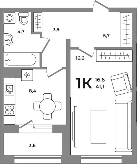 Планировка 1-к. квартира 39.30 м² в ЖК «Сергиев Пассаж на Беловежской»