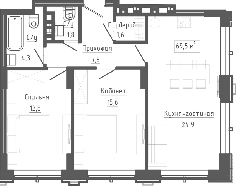 Планировка 3е-к. квартира 69.50 м² в ЖК «Клубный комплекс Маяковский»
