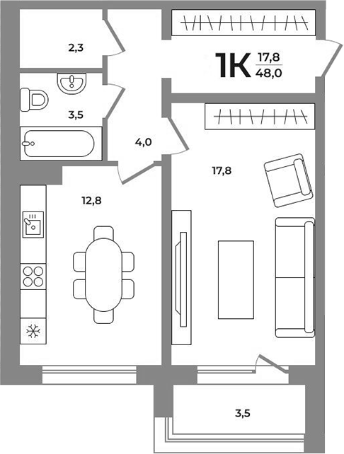 Планировка 1-к. квартира 46.15 м² в ЖК «Сергиев Пассаж на Беловежской»