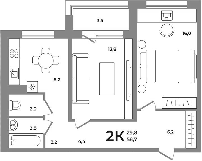 Планировка 2-к. квартира 56.65 м² в ЖК «Сергиев Пассаж на Беловежской»