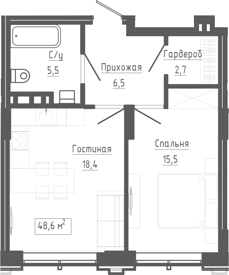Планировка 2е-к.кв 48.60 м² в ЖК «Клубный комплекс Маяковский»