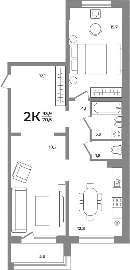 Планировка 2-к. квартира 69.70 м² в ЖК «Сергиев Пассаж на Беловежской»