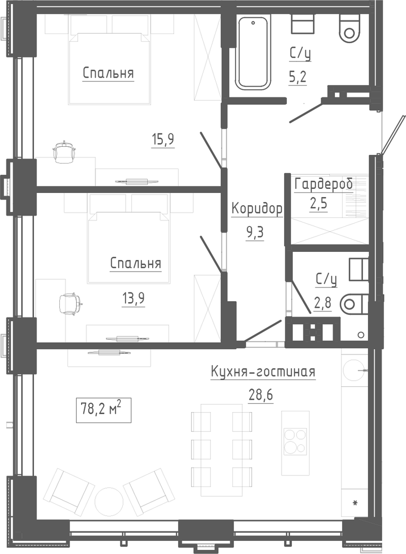 Планировка 3е-к.кв 78.20 м² в ЖК «Клубный комплекс Маяковский»