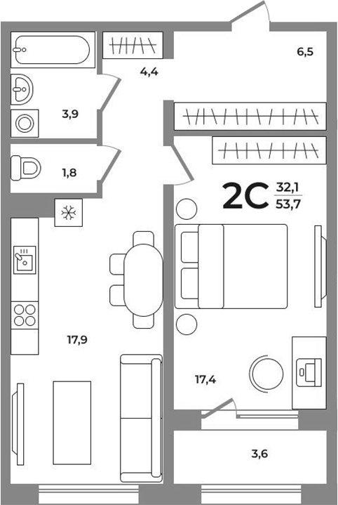 Планировка 2е-к. квартира 51.70 м² в ЖК «Сергиев Пассаж на Беловежской»