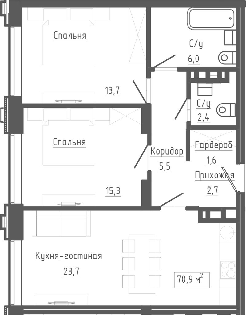 Планировка 3е-к.кв 70.90 м² в ЖК «Клубный комплекс Маяковский»