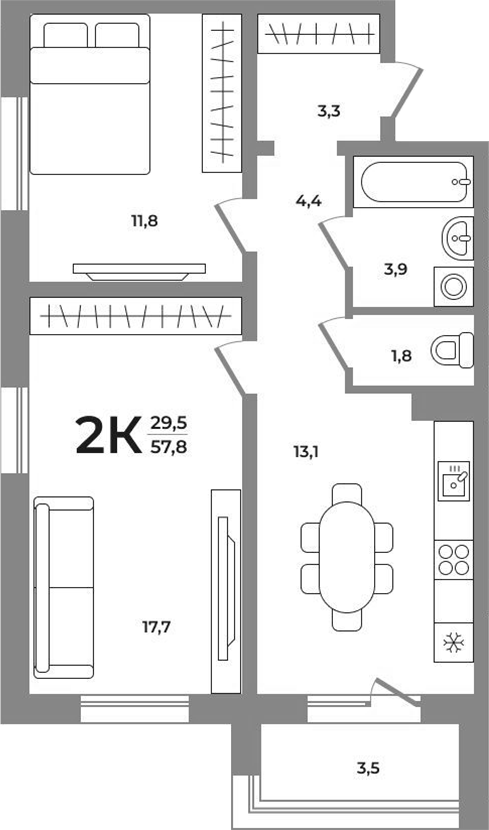 Планировка 2-к. квартира 55.75 м² в ЖК «Сергиев Пассаж на Беловежской»