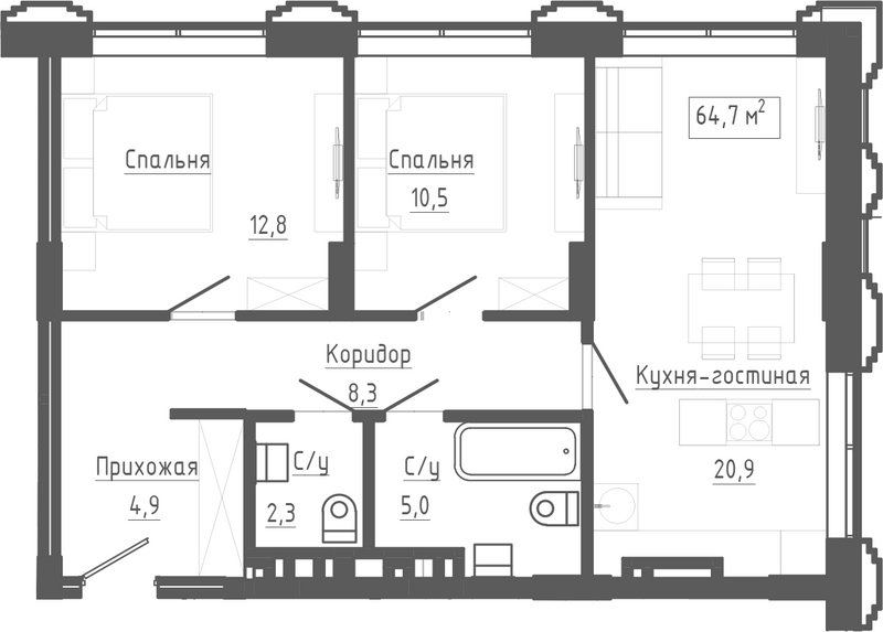 Планировка 3е-к. квартира 64.50 м² в ЖК «Клубный комплекс Маяковский»