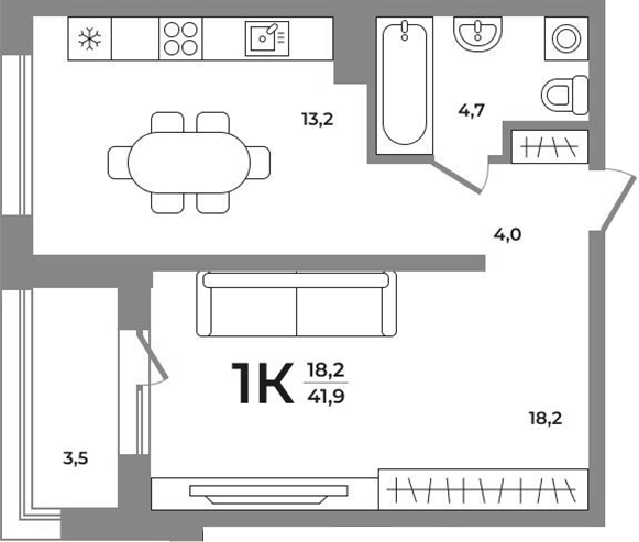 Планировка 1-к. квартира 39.65 м² в ЖК «Сергиев Пассаж на Беловежской»