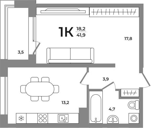 Планировка 1-к. квартира 39.65 м² в ЖК «Сергиев Пассаж на Беловежской»