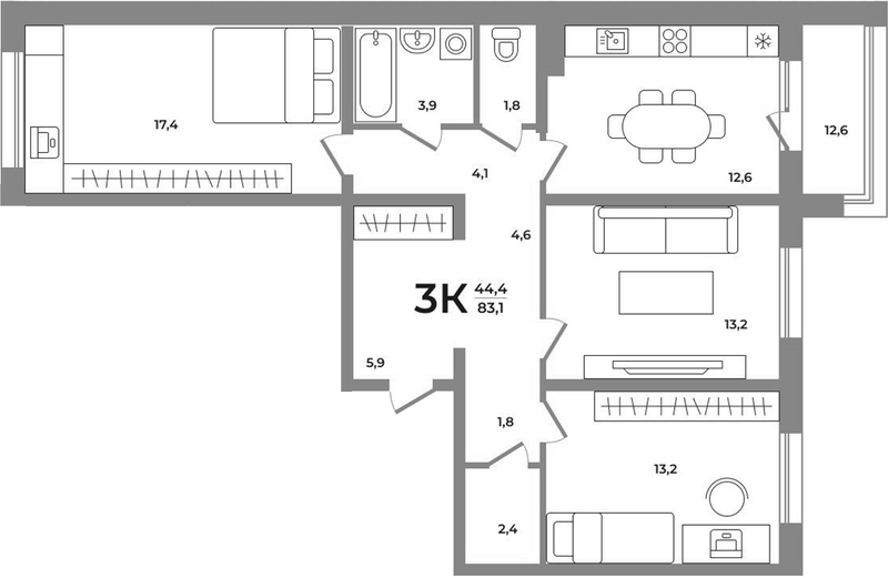 Планировка 3-к. квартира 76.70 м² в ЖК «Сергиев Пассаж на Беловежской»