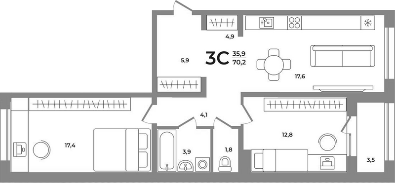 Планировка 3е-к. квартира 68.15 м² в ЖК «Сергиев Пассаж на Беловежской»