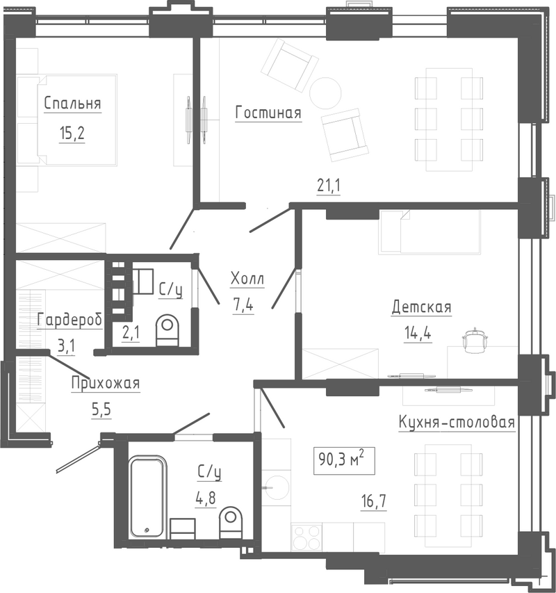 Планировка 4е-к.кв 90.30 м² в ЖК «Клубный комплекс Маяковский»