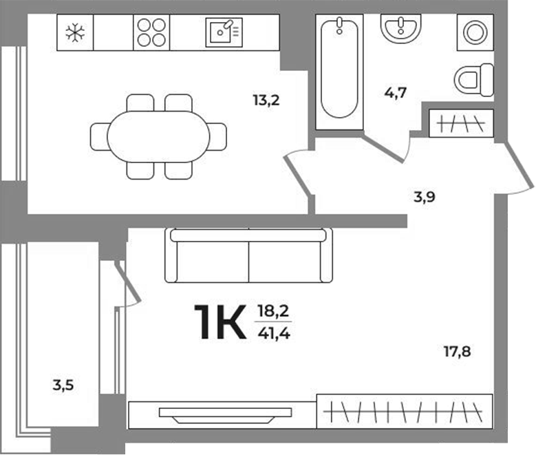 Планировка 1-к. квартира 39.65 м² в ЖК «Сергиев Пассаж на Беловежской»