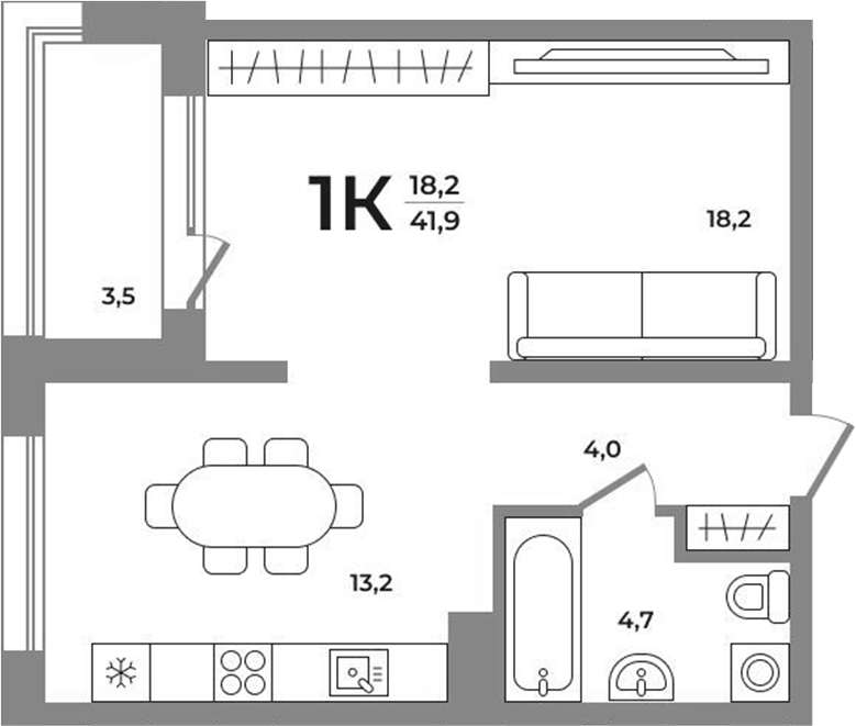 Планировка 1-к. квартира 39.65 м² в ЖК «Сергиев Пассаж на Беловежской»