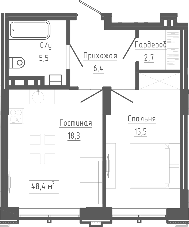 Планировка 2е-к.кв 48.40 м² в ЖК «Клубный комплекс Маяковский»