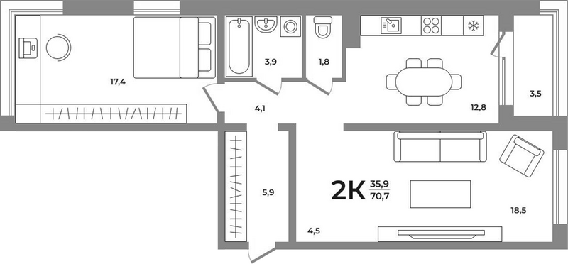 Планировка 2-к. квартира 68.45 м² в ЖК «Сергиев Пассаж на Беловежской»