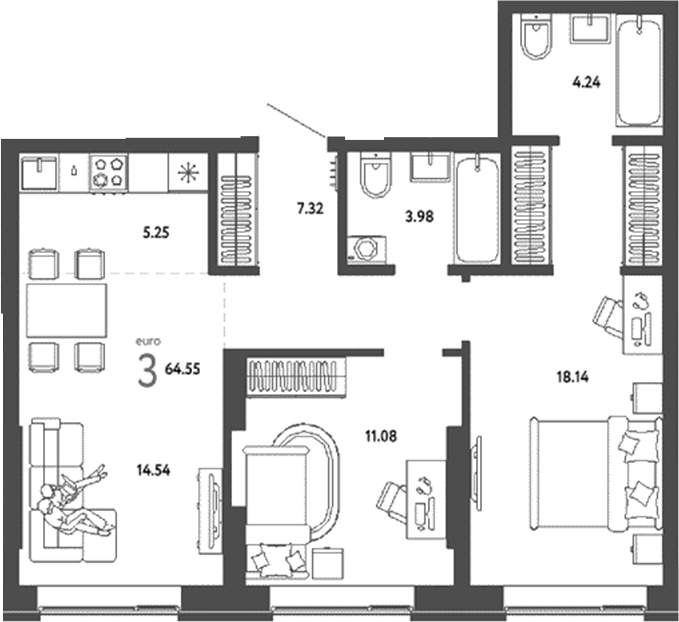 Планировка 3е-к.кв 64.55 м² в ЖК «Страна. Береговая»