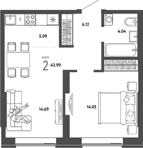 Планировка 2е-к.кв 43.99 м² в ЖК «Страна. Береговая»