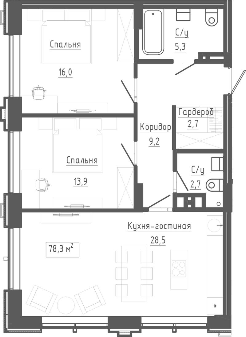 Планировка 3е-к.кв 78.30 м² в ЖК «Клубный комплекс Маяковский»