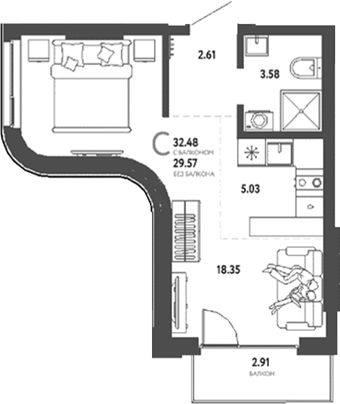 Планировка студии 29.57 м² в ЖК «Страна. Береговая»