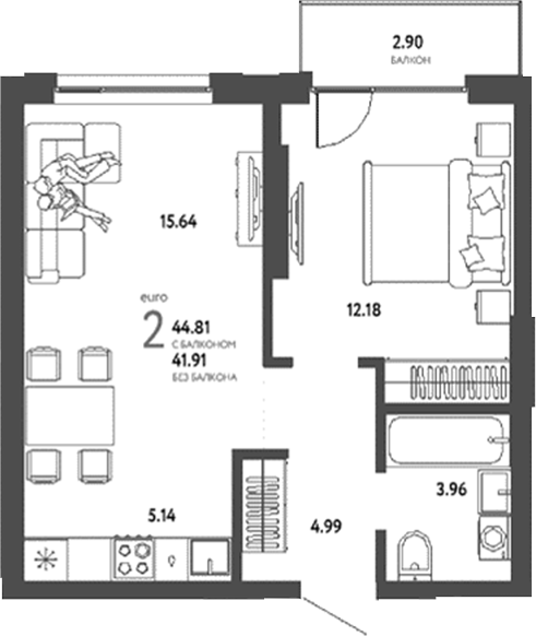 Планировка 2е-к.кв 41.91 м² в ЖК «Страна. Береговая»