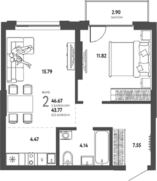 Планировка 2е-к.кв 43.77 м² в ЖК «Страна. Береговая»