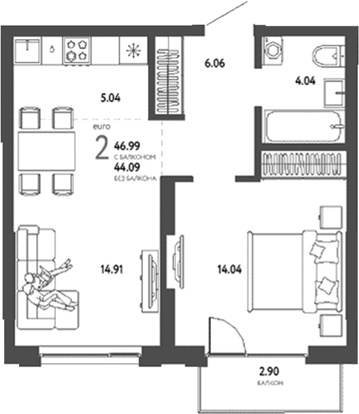 Планировка 2е-к.кв 44.09 м² в ЖК «Страна. Береговая»