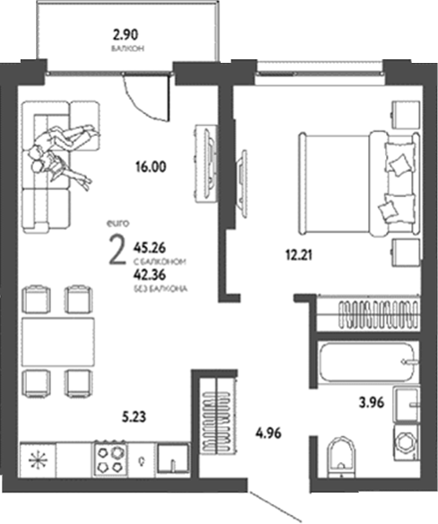 Планировка 2е-к.кв 42.36 м² в ЖК «Страна. Береговая»