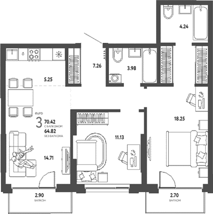 Планировка 3е-к.кв 64.82 м² в ЖК «Страна. Береговая»