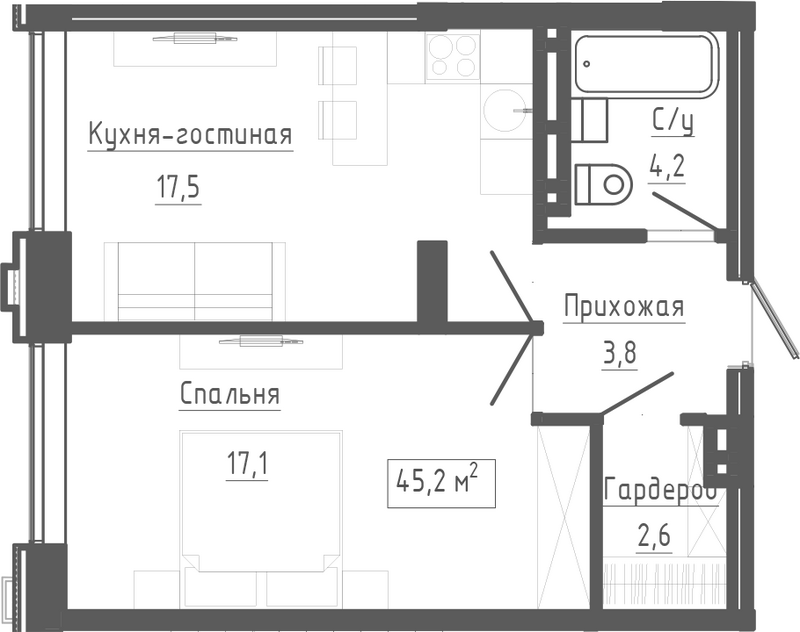 Планировка 2е-к.кв 45.20 м² в ЖК «Клубный комплекс Маяковский»